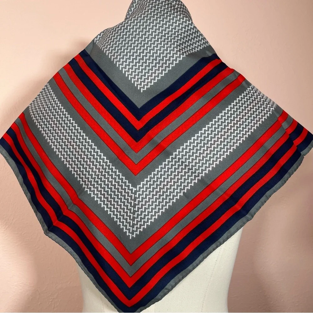 Vintage 1970 Mod Red Grey Art deco Geometric Striped Nautical Square Scarf